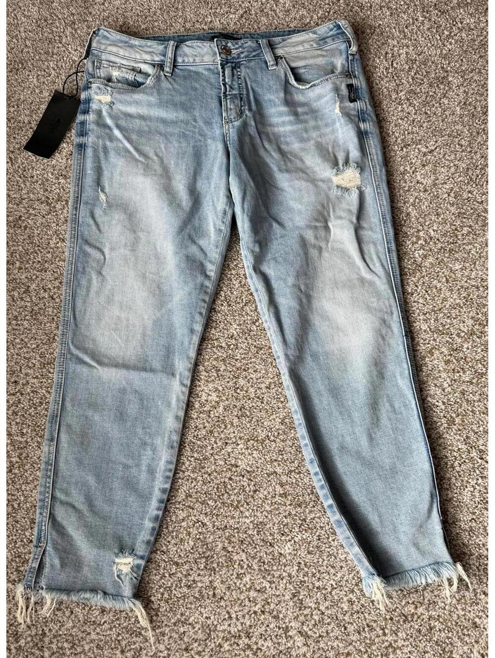 Silver Womens 32x35 Distressed Suki Skinny Crop Jeans Blue Pockets Mid Rise